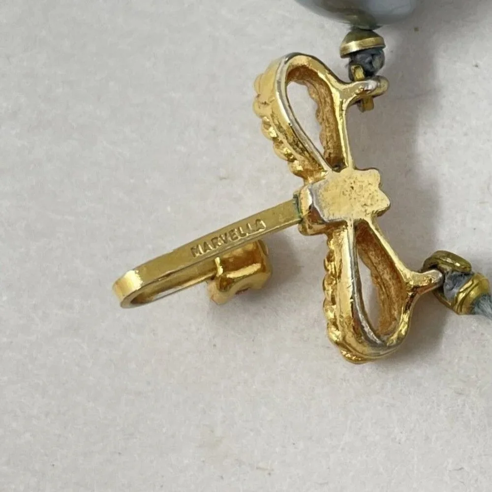 Vintage Marvella Double-Strand Gray Faux Pearl Necklace Gold-Tone‎ Bow Closure